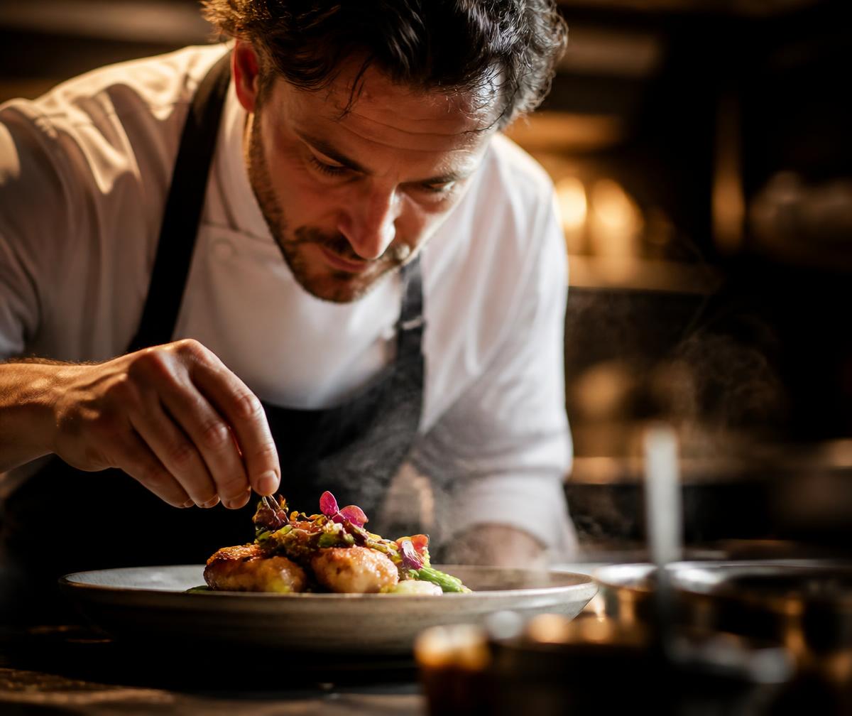 Chef plating a seasonal dish in a professional kitchen