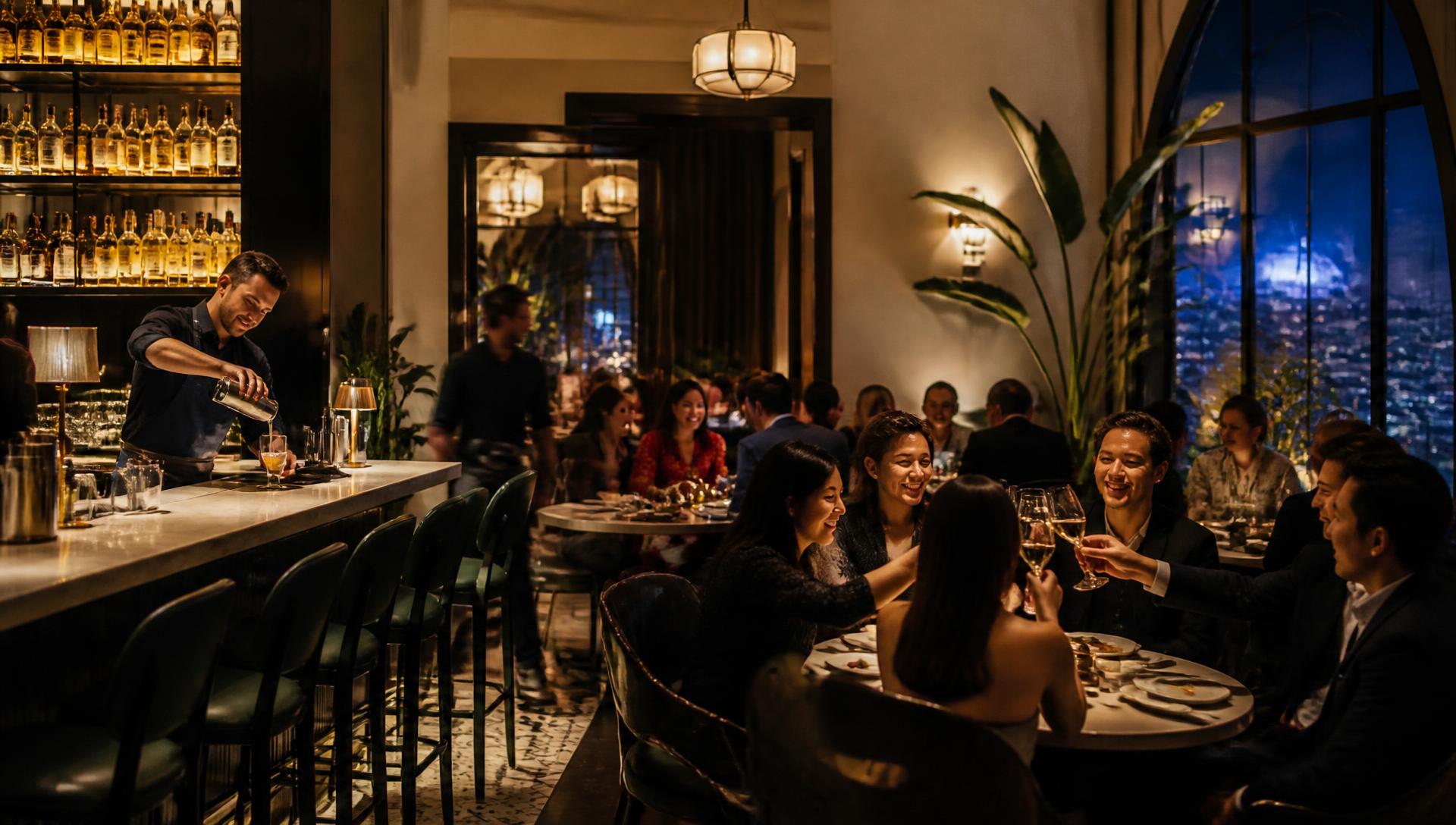 Busy upscale restaurant and bar in the evening
