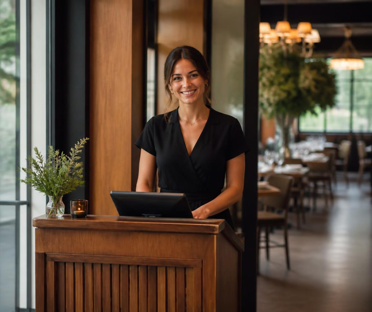 Restaurant host welcoming guests at the host stand