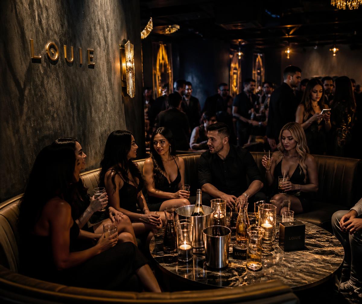 Guests seated in a VIP booth at an upscale lounge with bottle service